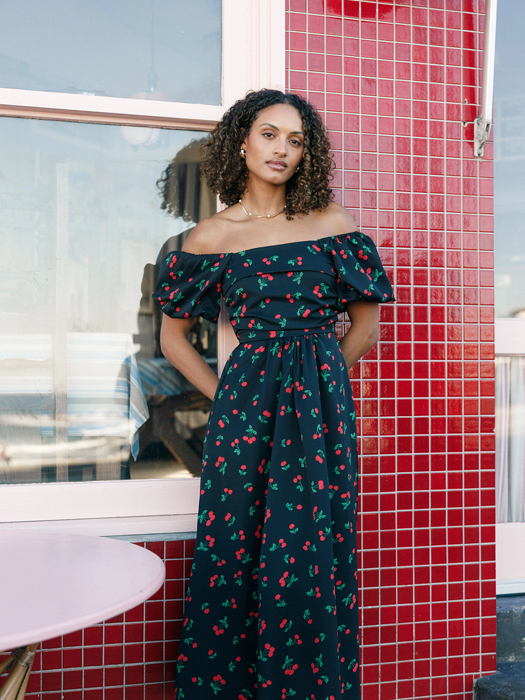 Chlo Puff Sleeve Midi Dress - Cherry Print 1