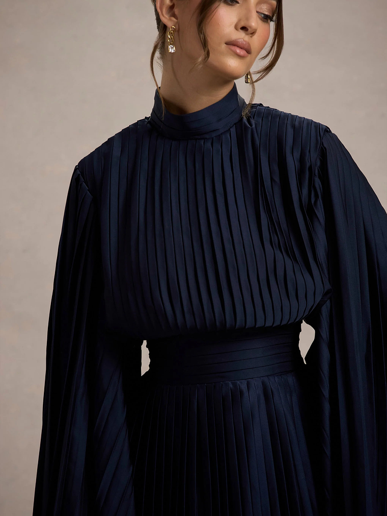 Charity | Navy Pleated High-Neck Mini Dress With Cape Sleeves 6