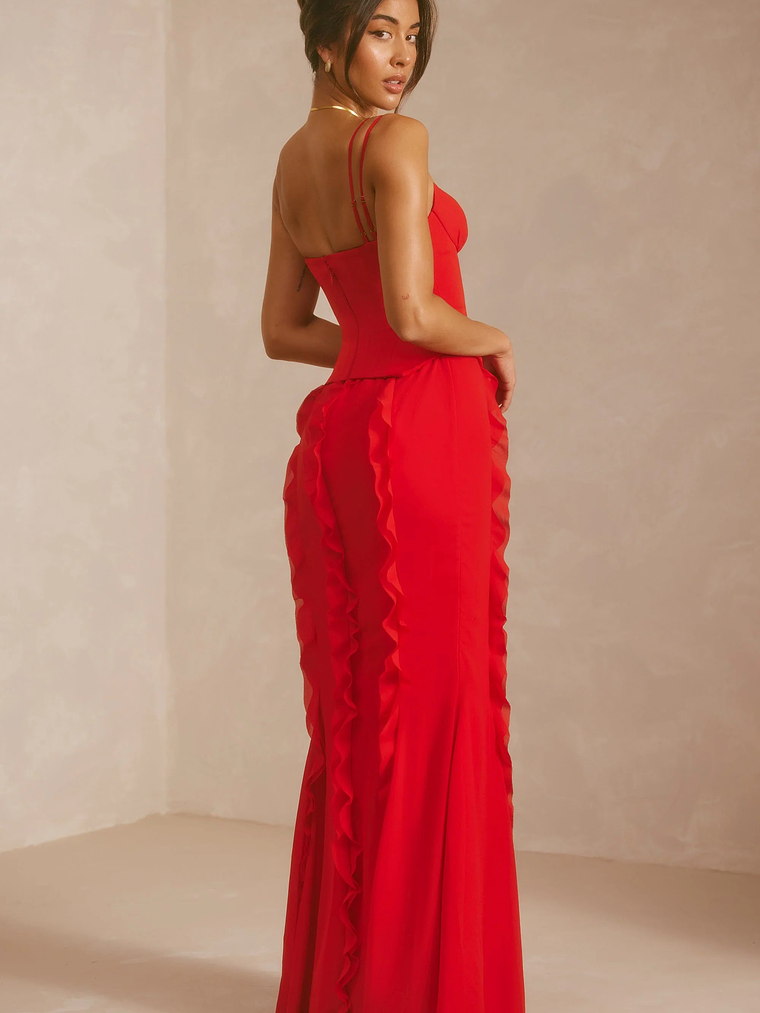 Corset Frill Skirt Maxi Dress in Scarlet Red 8