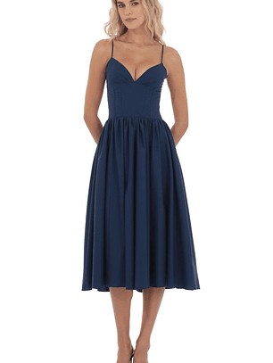 Corset V-Neck Midi Dress in Navy