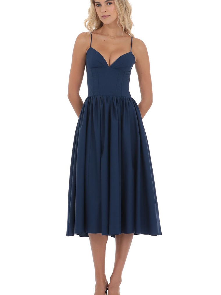 Corset V-Neck Midi Dress in Navy 1