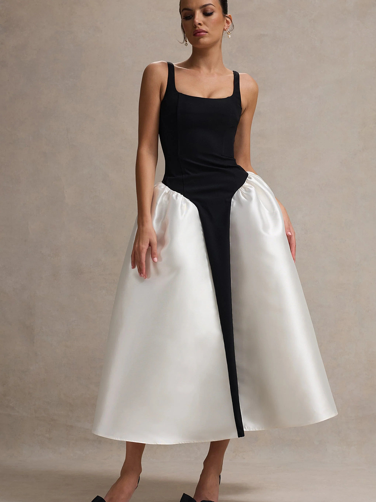 Christie | Black and Cream Scoop-Neck Midi Dress With Volume Skirt 1