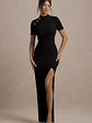 Claudetta | Black High-Neck Short-Sleeve Split Maxi Dress - thumbnail 1