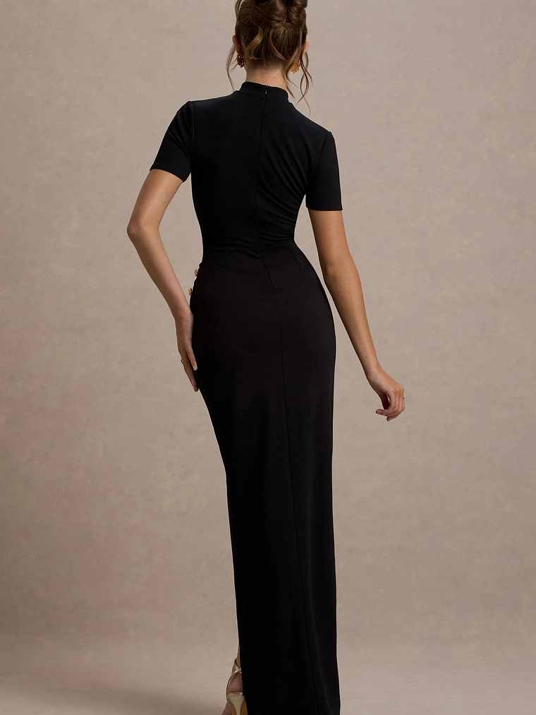 Claudetta | Black High-Neck Short-Sleeve Split Maxi Dress 2