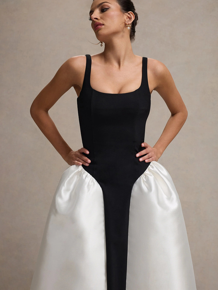 Christie | Black and Cream Scoop-Neck Midi Dress With Volume Skirt 3