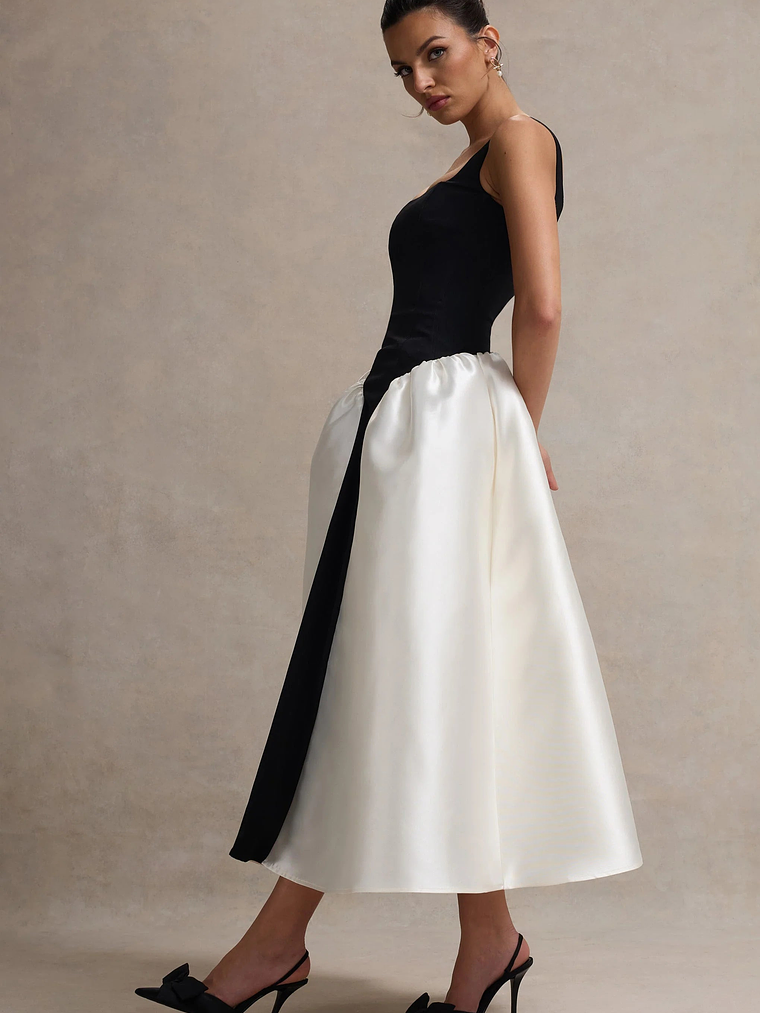Christie | Black and Cream Scoop-Neck Midi Dress With Volume Skirt 4