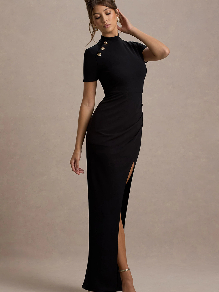 Claudetta | Black High-Neck Short-Sleeve Split Maxi Dress 6