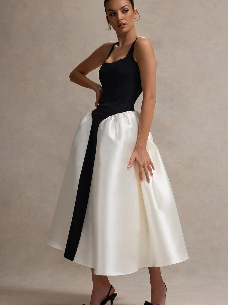 Christie | Black and Cream Scoop-Neck Midi Dress With Volume Skirt 6