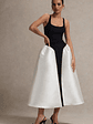 Christie | Black and Cream Scoop-Neck Midi Dress With Volume Skirt - thumbnail 7