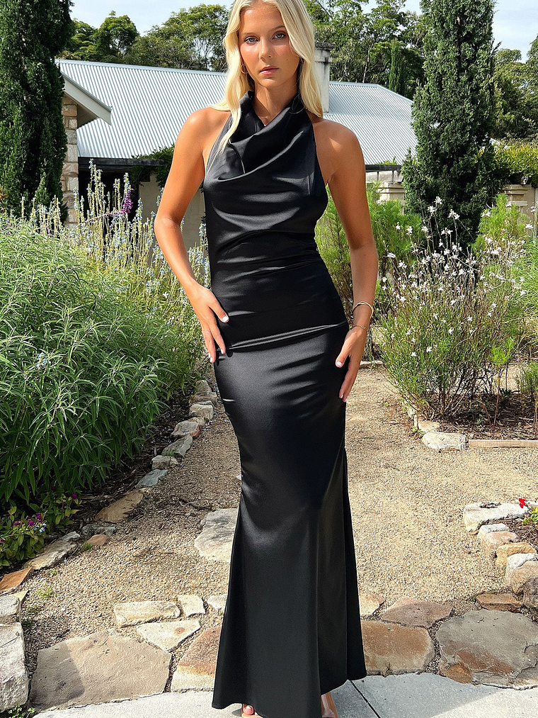 Corwin Open Back Satin Maxi Dress - Black 3