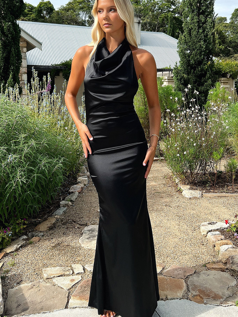 Corwin Open Back Satin Maxi Dress - Black 5