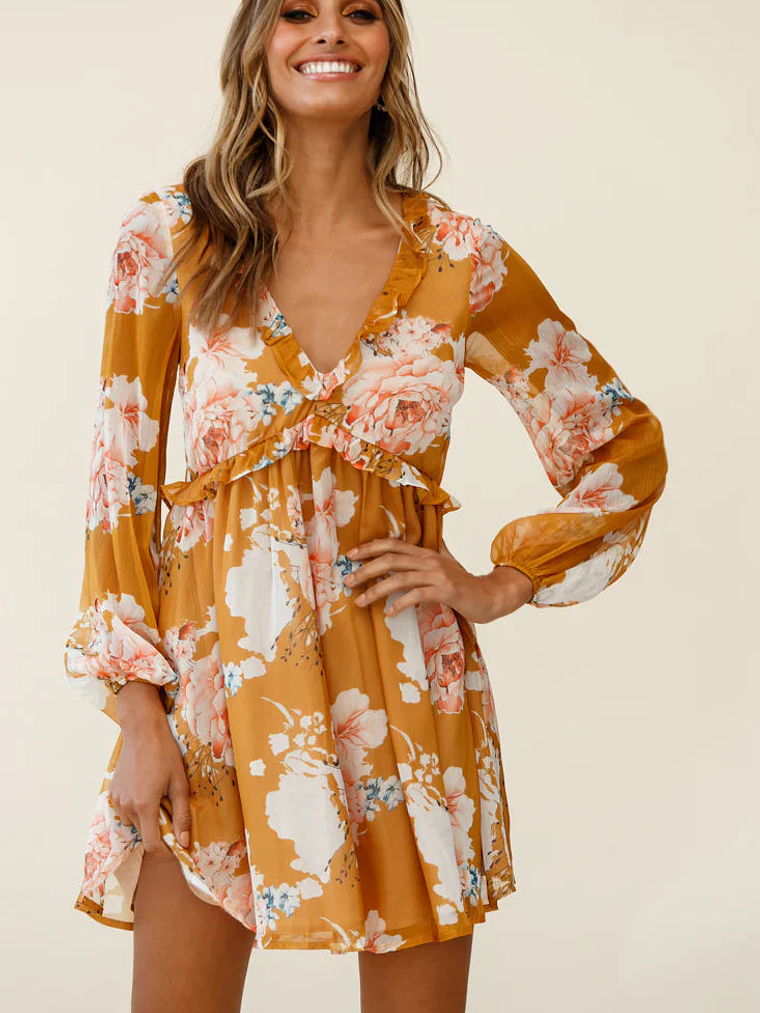 Cutie Pie Long Sleeve Babydoll Dress Rose Print Mustard 1