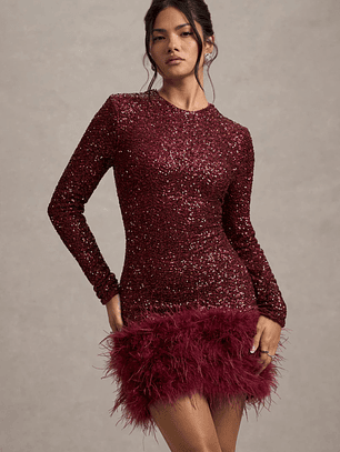 Claudia | Berry Sequin High Neck Feather Hem Mini Dress With Long Sleeves