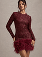 Claudia | Berry Sequin High Neck Feather Hem Mini Dress With Long Sleeves - thumbnail 1