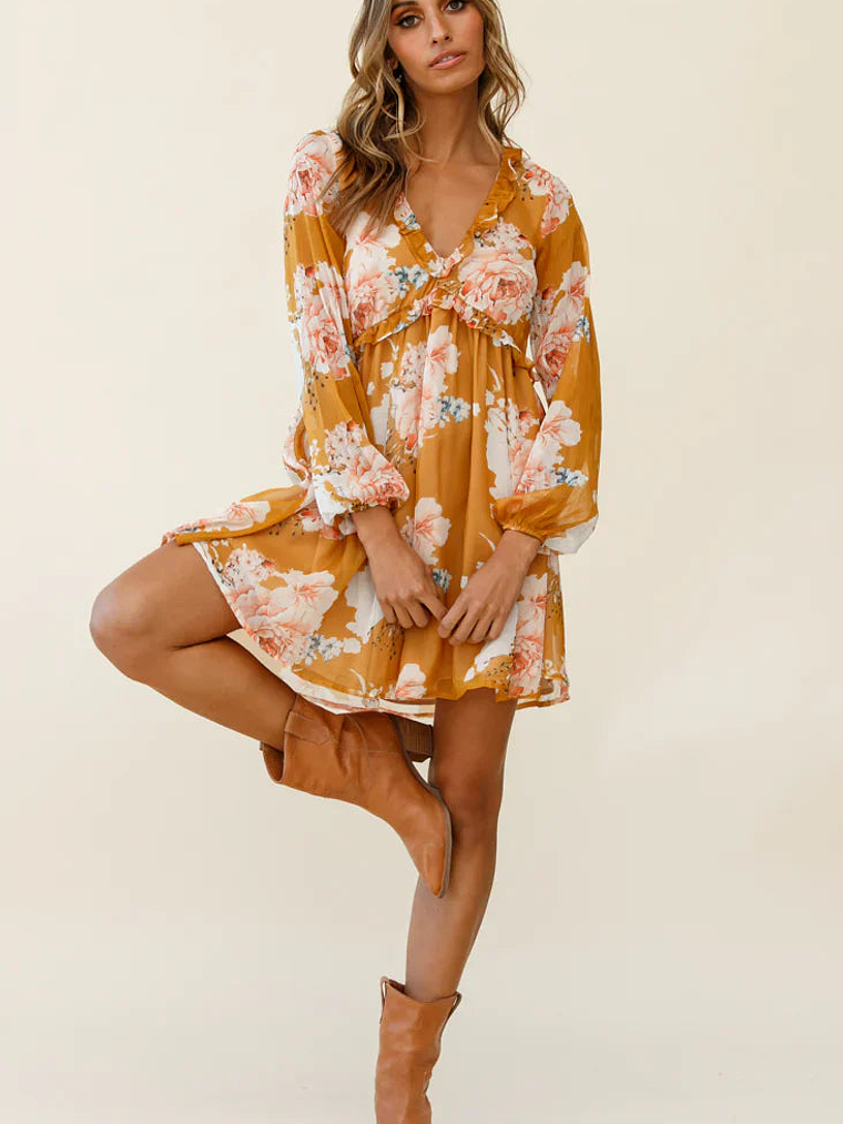 Cutie Pie Long Sleeve Babydoll Dress Rose Print Mustard 2