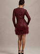 Claudia | Berry Sequin High Neck Feather Hem Mini Dress With Long Sleeves - thumbnail 2