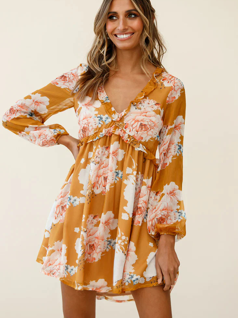 Cutie Pie Long Sleeve Babydoll Dress Rose Print Mustard 3