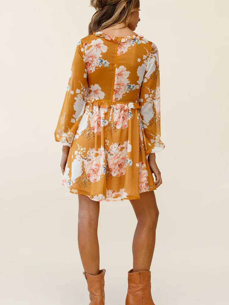 Cutie Pie Long Sleeve Babydoll Dress Rose Print Mustard 4