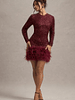 Claudia | Berry Sequin High Neck Feather Hem Mini Dress With Long Sleeves - thumbnail 3