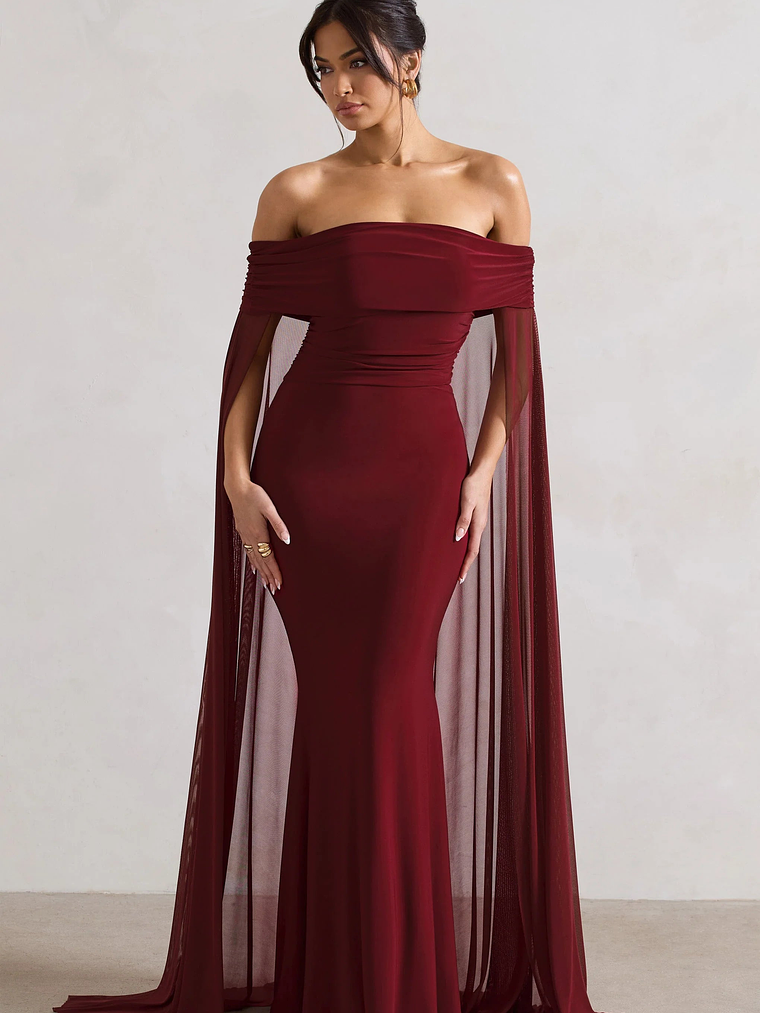 Carlotta | Berry Bardot Maxi Dress With Chiffon Cape 2