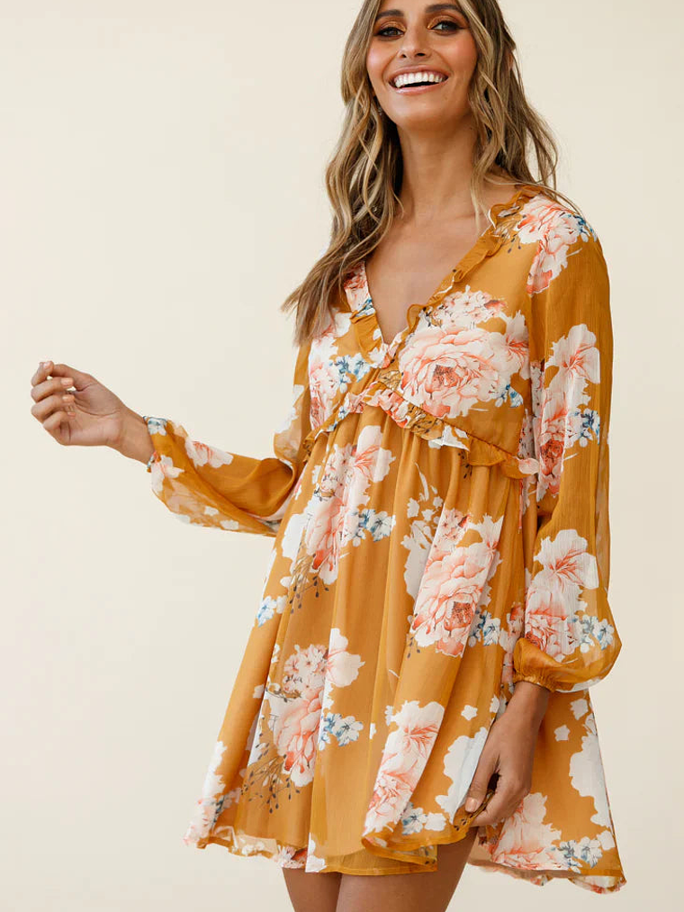 Cutie Pie Long Sleeve Babydoll Dress Rose Print Mustard 5