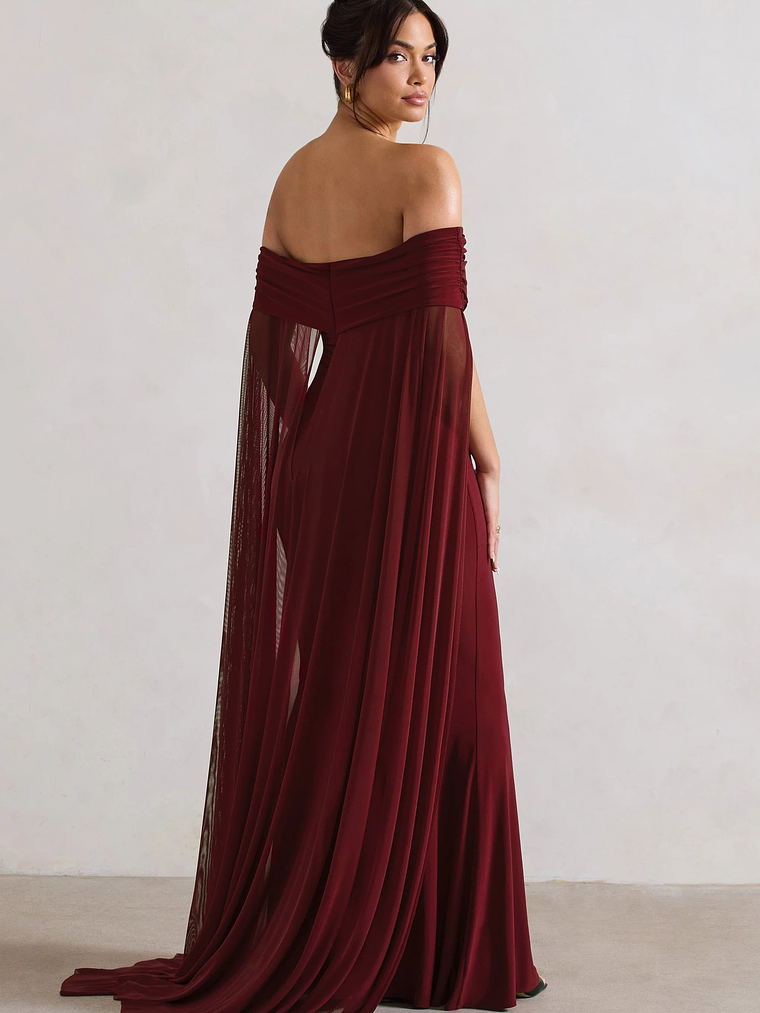Carlotta | Berry Bardot Maxi Dress With Chiffon Cape 3