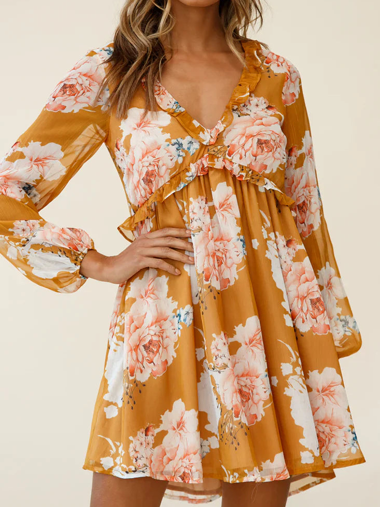 Cutie Pie Long Sleeve Babydoll Dress Rose Print Mustard 6