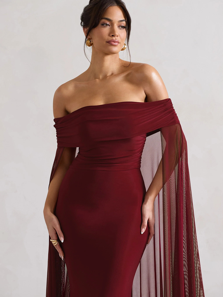 Carlotta | Berry Bardot Maxi Dress With Chiffon Cape 4