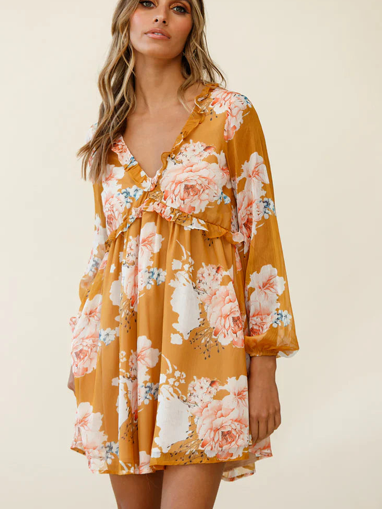 Cutie Pie Long Sleeve Babydoll Dress Rose Print Mustard 7