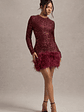 Claudia | Berry Sequin High Neck Feather Hem Mini Dress With Long Sleeves - thumbnail 5