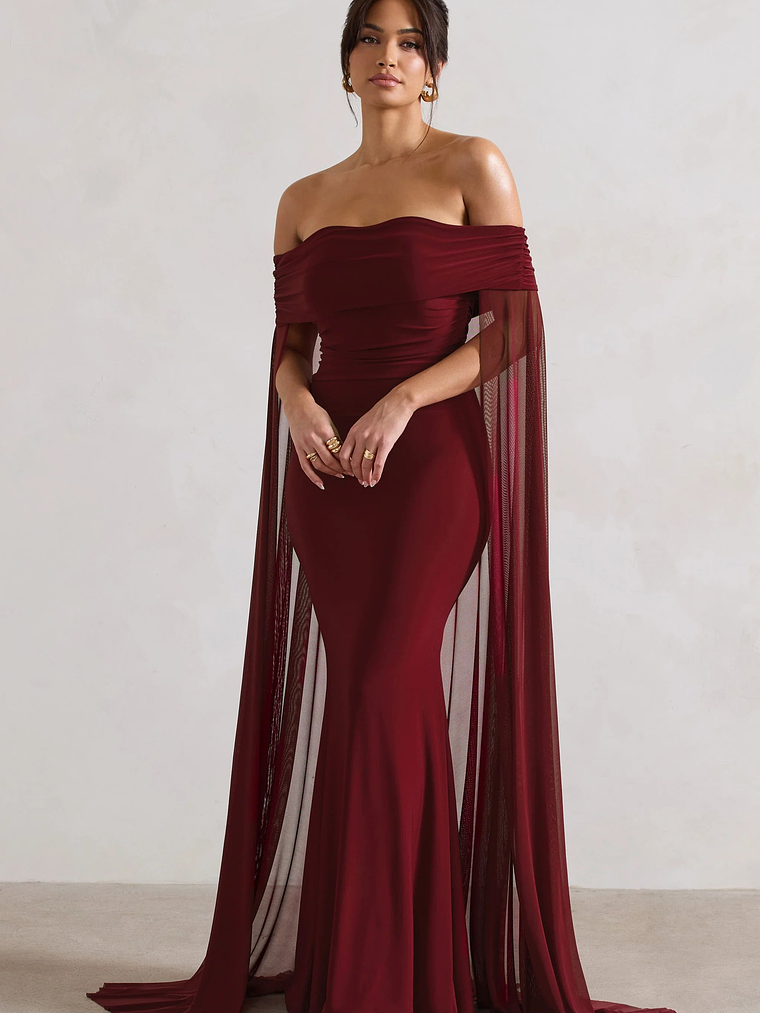 Carlotta | Berry Bardot Maxi Dress With Chiffon Cape 5