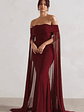 Carlotta | Berry Bardot Maxi Dress With Chiffon Cape - thumbnail 5