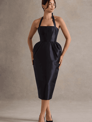 Cosetta | Black Halter-Neck Midi Dress With Tulip Skirt