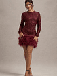 Claudia | Berry Sequin High Neck Feather Hem Mini Dress With Long Sleeves - thumbnail 6