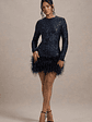 Claudia | Navy Sequin High Neck Feather Hem Mini Dress With Long Sleeves - thumbnail 1
