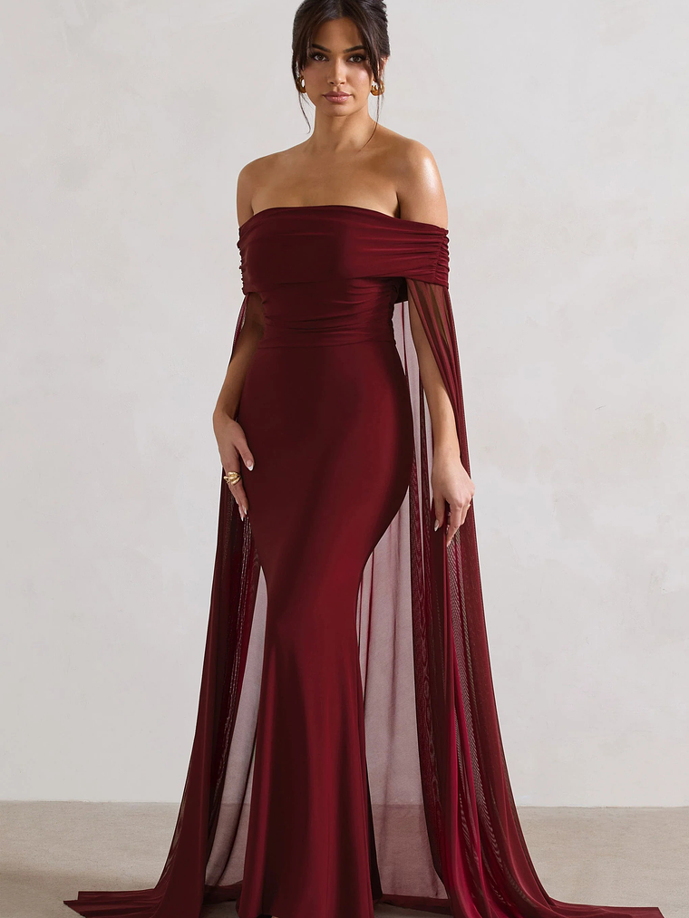 Carlotta | Berry Bardot Maxi Dress With Chiffon Cape 6