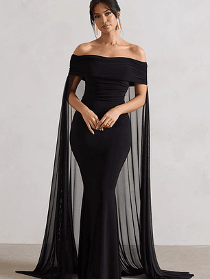 Carlotta | Black Bardot Maxi Dress With Chiffon Cape