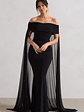 Carlotta | Black Bardot Maxi Dress With Chiffon Cape - thumbnail 1