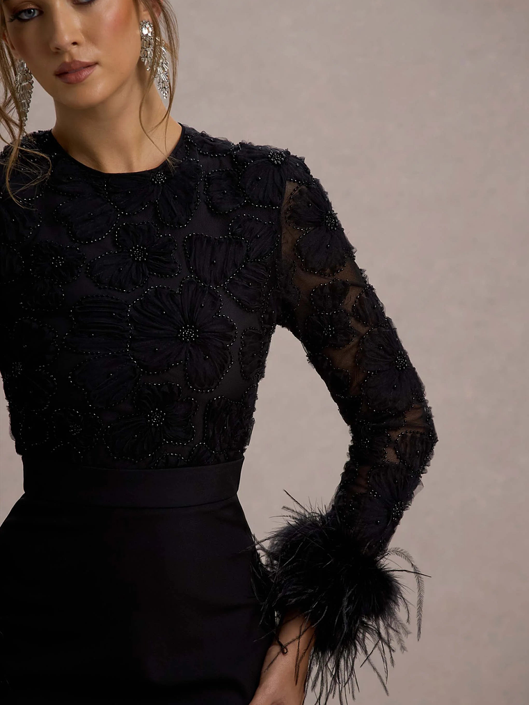 Charli | Black Mesh Long-Sleeve Feather-Trim Mini Dress 5