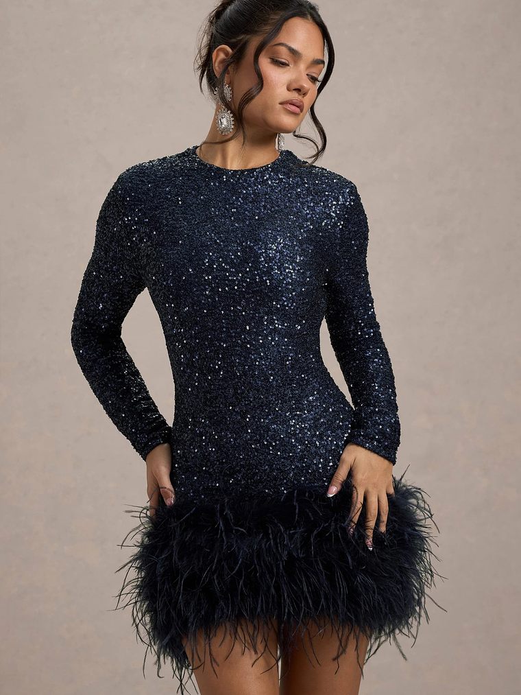 Claudia | Navy Sequin High Neck Feather Hem Mini Dress With Long Sleeves 3