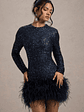 Claudia | Navy Sequin High Neck Feather Hem Mini Dress With Long Sleeves - thumbnail 3