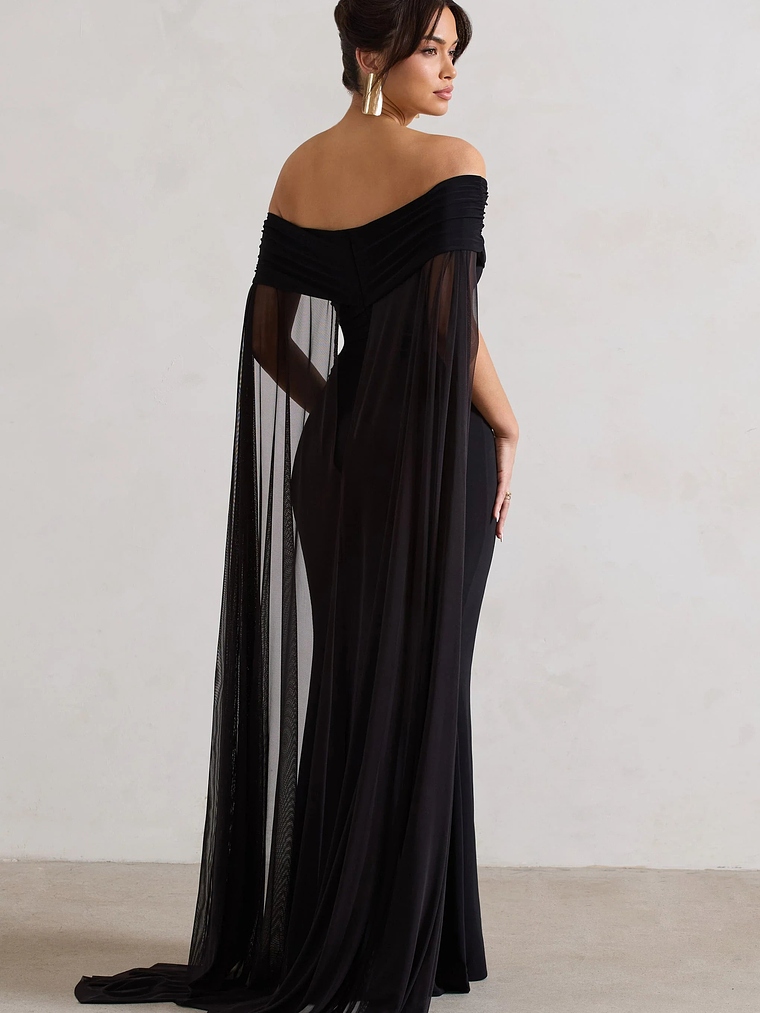 Carlotta | Black Bardot Maxi Dress With Chiffon Cape 2