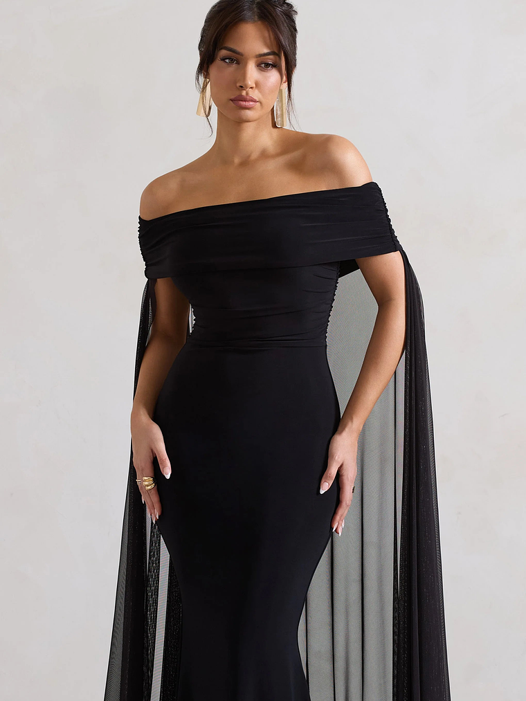 Carlotta | Black Bardot Maxi Dress With Chiffon Cape 3
