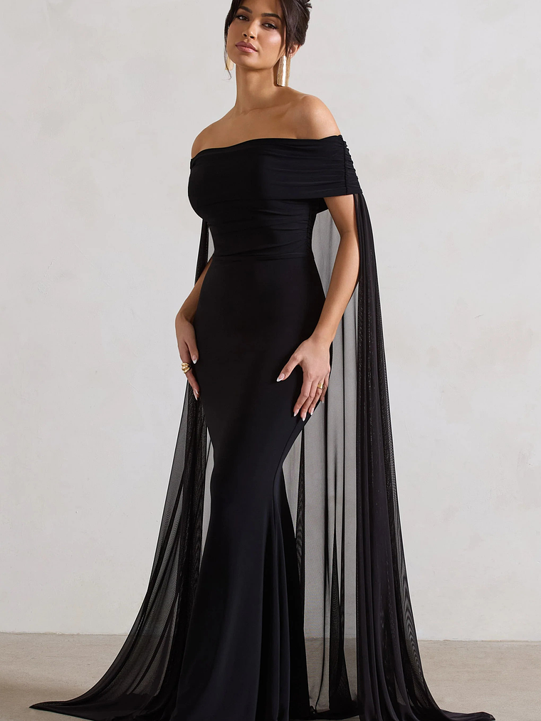 Carlotta | Black Bardot Maxi Dress With Chiffon Cape 4