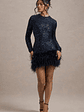 Claudia | Navy Sequin High Neck Feather Hem Mini Dress With Long Sleeves - thumbnail 5