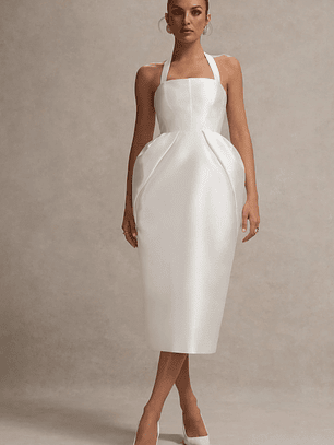 Cosetta | White Halter-Neck Midi Dress With Tulip Skirt