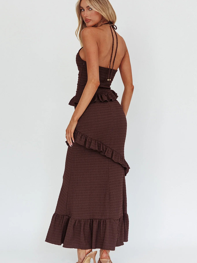 Clemence Smocked Frill Trim Maxi Dress Chocolate 2