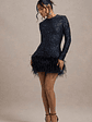 Claudia | Navy Sequin High Neck Feather Hem Mini Dress With Long Sleeves - thumbnail 6