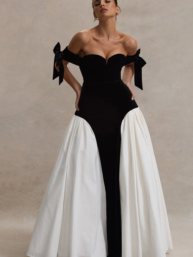 Cyndi | Black & Cream Velvet Bardot Maxi Dress With Volume Skirt 1