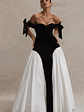 Cyndi | Black & Cream Velvet Bardot Maxi Dress With Volume Skirt - thumbnail 1